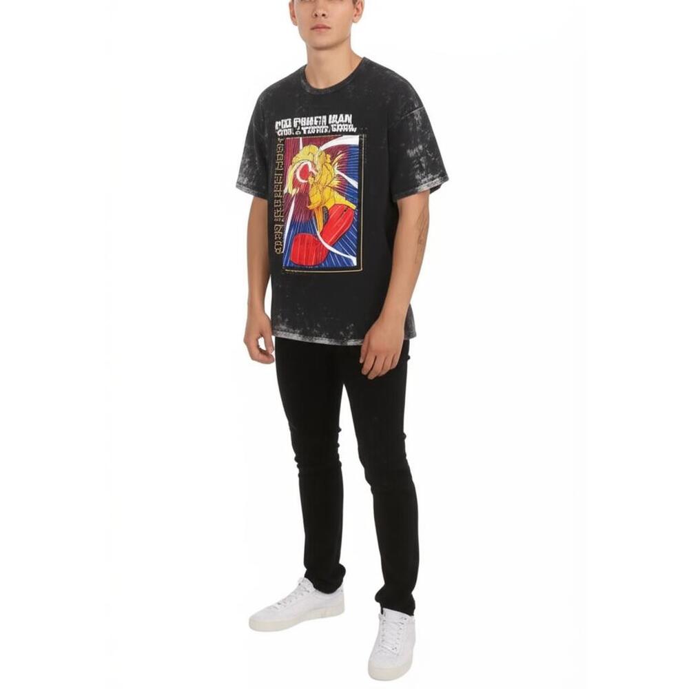 One Punch Man T-Shirt Black Multi-Color Saitama Graphic Distressed Anime M